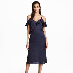 H&M Satin Midi Dress in Navy Blue, Size 2